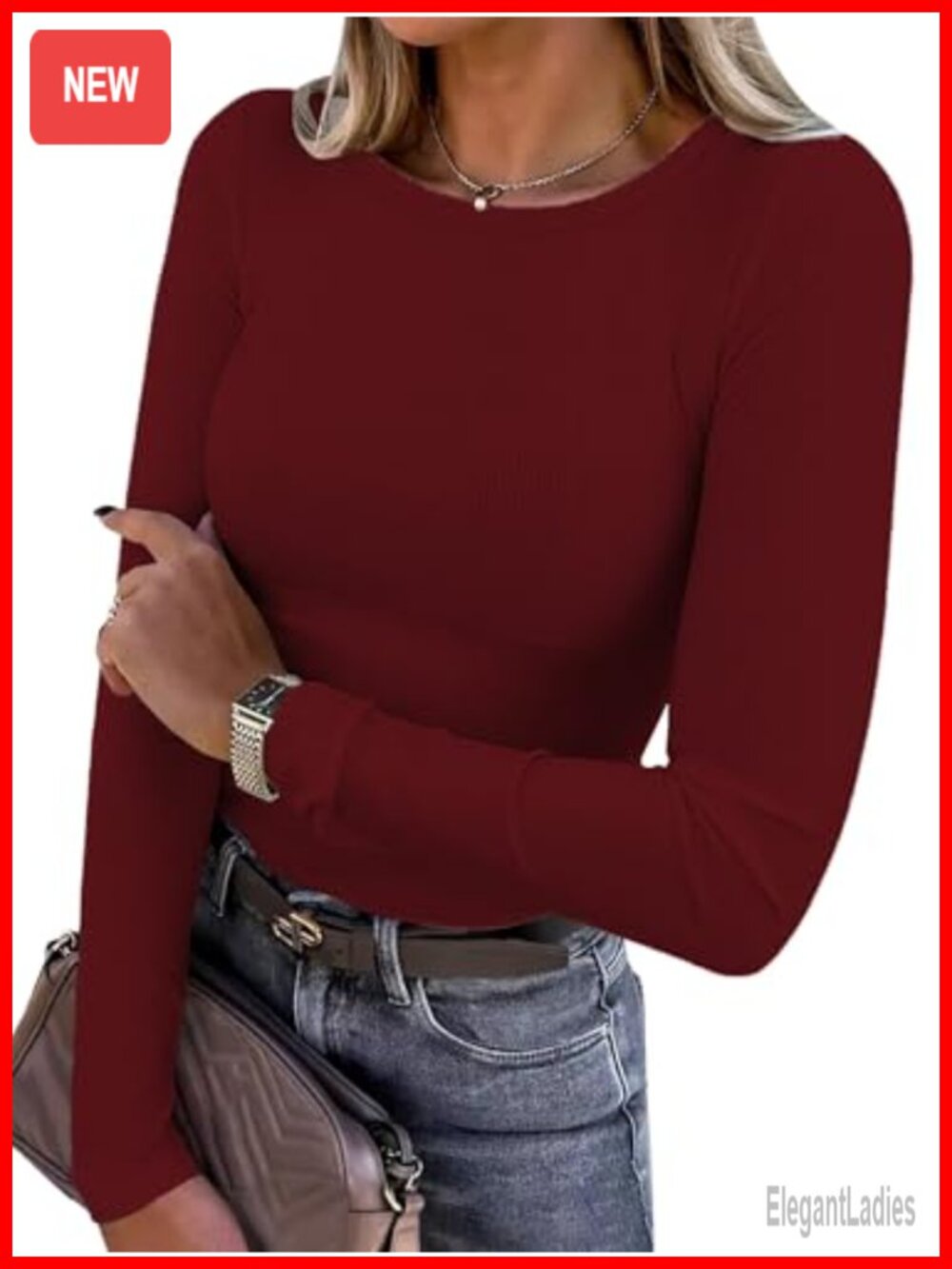 Women's Rib Knit Slim Fit Long Sleeve Crewneck T-Shirt Basic Tee